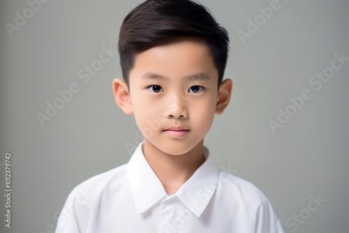 portrait of asian little boy in white shirt on grey background