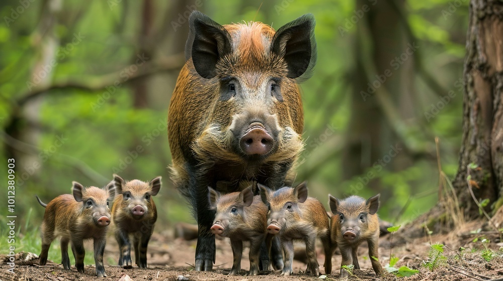 Wild Boar Sow and Her Piglets Walking Through a Forest Wild Boar Sow and Her Piglets Walking Through a Forest
