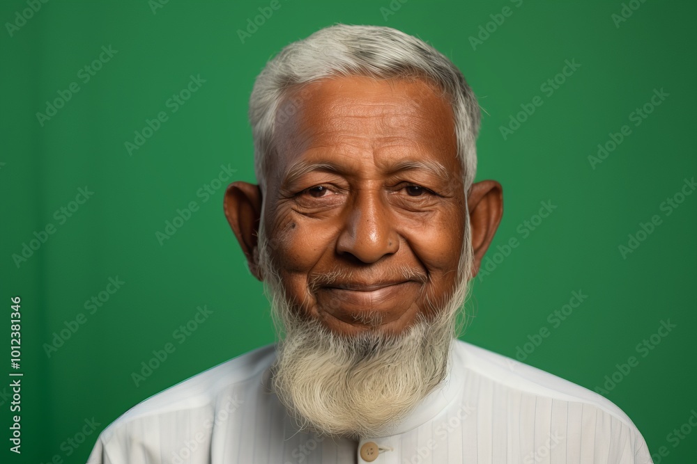 Portrait of an elderly Indian man in a white shirt on a green background Portrait of an elderly Indian man in a white shirt on a green background