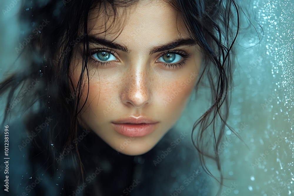 Closeup portrait of beautiful woman with green eyes and wet hair, looking at camera, fantasy or mystical style Closeup portrait of beautiful woman with green eyes and wet hair, looking at camera, fantasy or mystical style