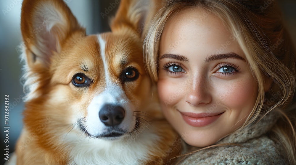 A young woman with blonde hair and blue eyes smiles at the camera, with a corgi dog looking at the camera with curiosity. A young woman with blonde hair and blue eyes smiles at the camera, with a corgi dog looking at the camera with curiosity.