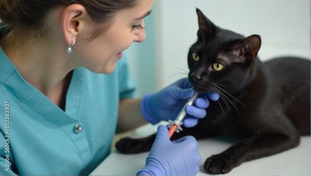 A veterinarian is giving an injection to a black cat A veterinarian is giving an injection to a black cat