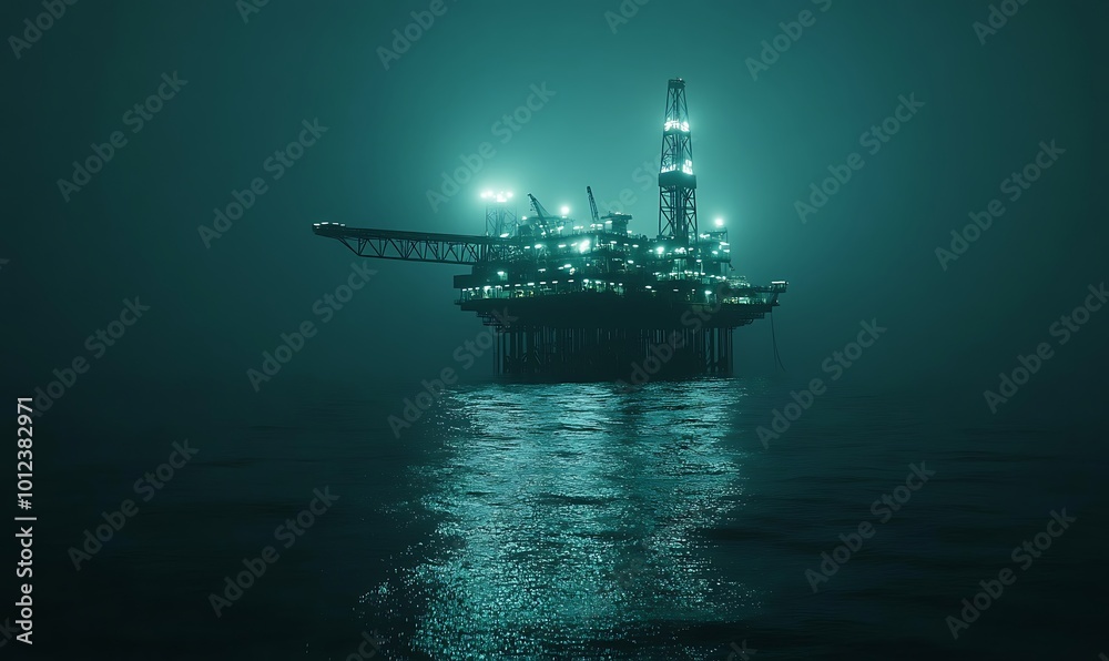Oil Rig Illuminated in the Night