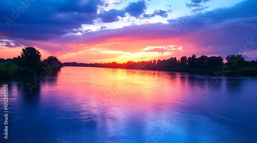 A vibrant, colorful sunset over a tranquil river with a clear area for text