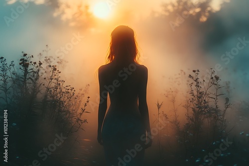 Silhouette of woman standing in a mystical foggy forest at sunset. Concept of mystery, hope, and new beginnings