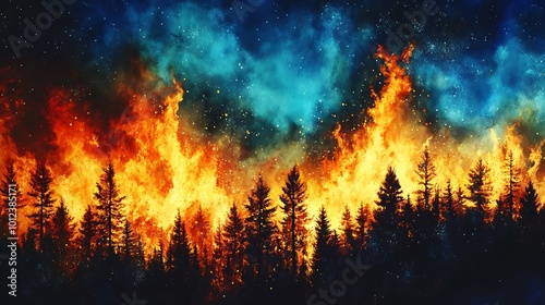 A vibrant, dynamic forest fire in the distance with a clear area for text