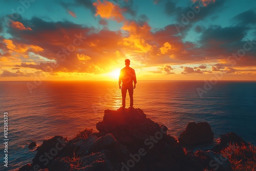 Silhouette of a man standing on a cliff at sunset, facing the ocean