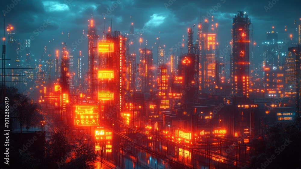 A futuristic cityscape at night with glowing red lights and a dark, stormy sky. A futuristic cityscape at night with glowing red lights and a dark, stormy sky.