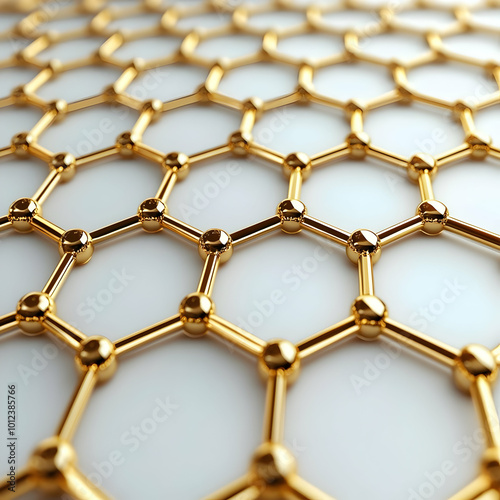 3D Render of Golden Hexagonal Molecular Structure