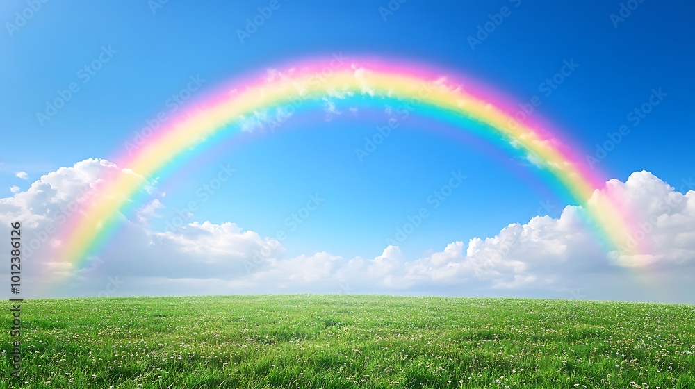 A vibrant, dynamic rainbow arching over a field with a clear area for text A vibrant, dynamic rainbow arching over a field with a clear area for text