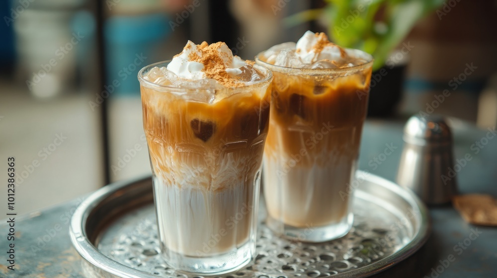 Vietnamese iced coffee with condensed milk, creamy and strong, on a metal tray generative ai Vietnamese iced coffee with condensed milk, creamy and strong, on a metal tray generative ai