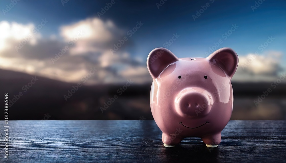 Fototapeta premium Pink Piggy Bank on a Table with a Scenic Background
