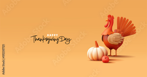 Happy Thanksgiving Banner. 3D orange character of domestic turkey bird. Modern banner for the concepts of celebrating the American family holiday, and traditions. Vector illustration.