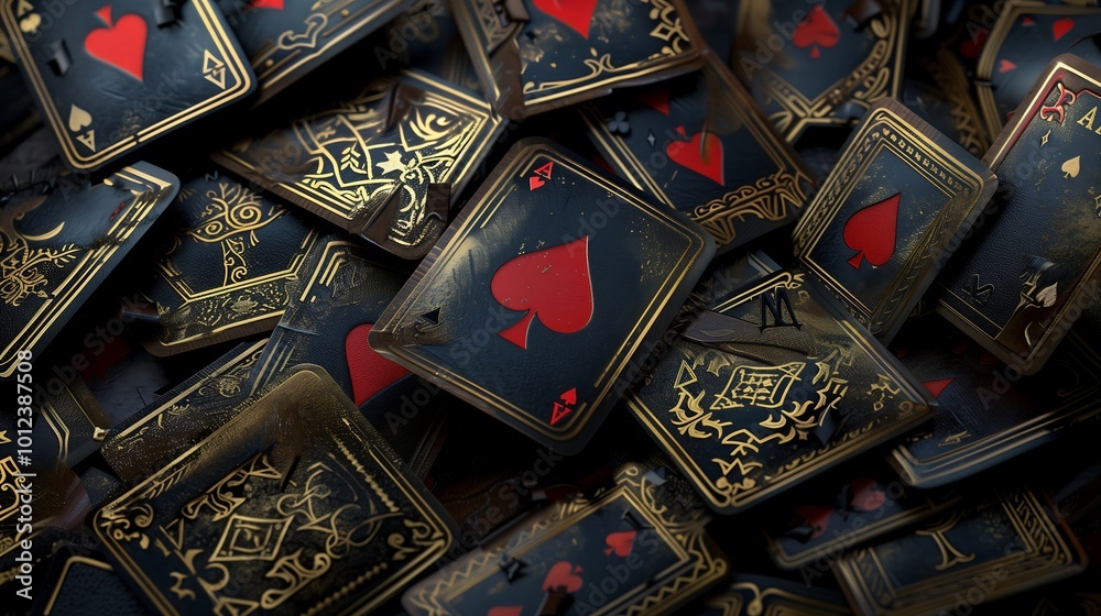 Fototapeta premium Cool and unusual black playing cards, copy space, space for text, Generative AI,カッコよくて普通と違う変わった黒いトランプ、コピースペース,テキスト用スペース,Generative AI,