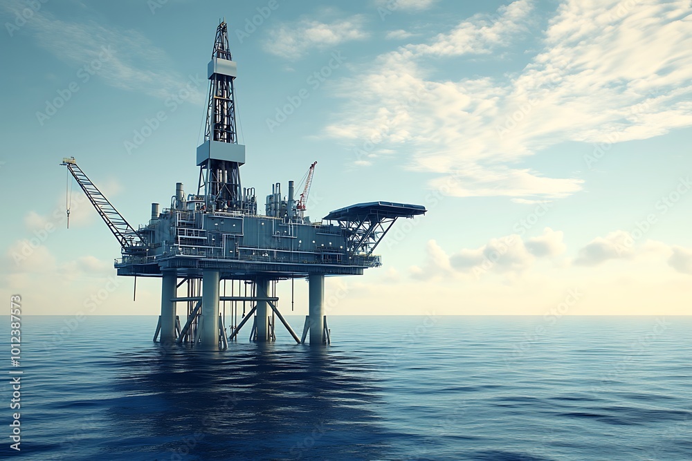 Offshore Oil Rig Standing Tall in the Open Sea Offshore Oil Rig Standing Tall in the Open Sea