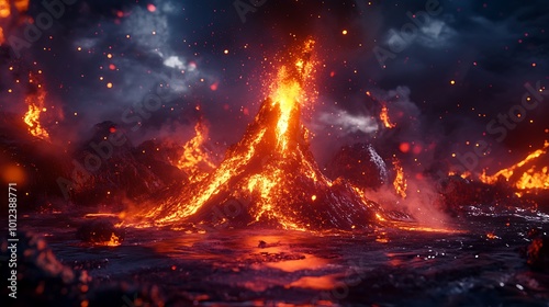 A vibrant, dynamic volcano erupting with a clear area for text