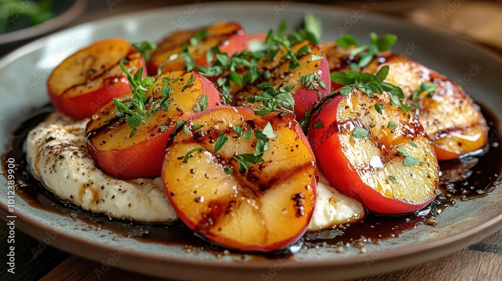 a plate featuring creamy whipped ricotta topped with fresh roasted peaches and drizzled with balsamic glaze beautifully presented with herbs embodying culinary artistry a plate featuring creamy whipped ricotta topped with fresh roasted peaches and drizzled with balsamic glaze beautifully presented with herbs embodying culinary artistry