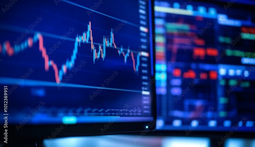 Financial data displayed on computer screens with stock market graphs. Financial data displayed on computer screens with stock market graphs.