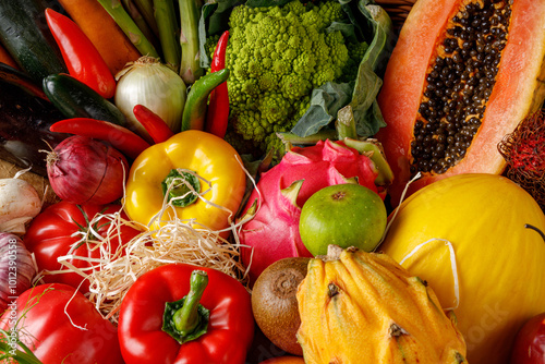 Fotografija A vibrant and colorful assortment of fresh vegetables and fruits is beautifully