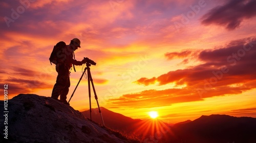 Silhouette of a Photographer Capturing the Sunset on a Mountain Peak