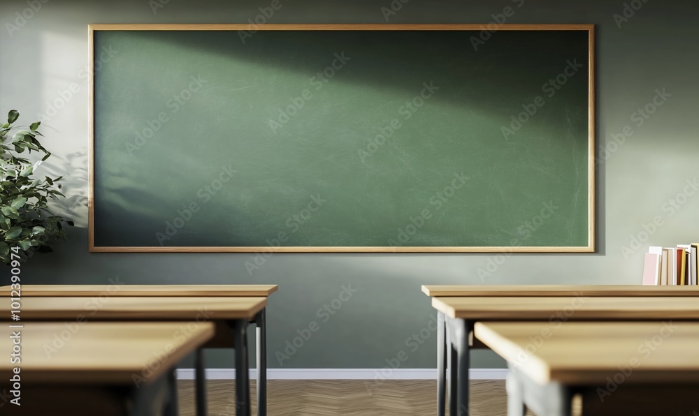 A classroom setting featuring a chalkboard and wooden desks.