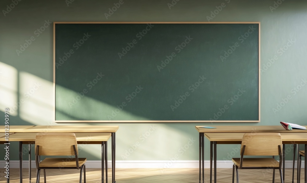 A classroom setting featuring a chalkboard and wooden desks.