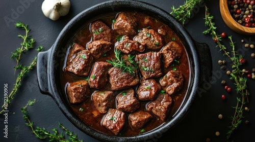 a rich aromatic meat stew featuring tender beef simmered in a luscious red wine sauce presented from a topdown view with ample space for a descriptive caption