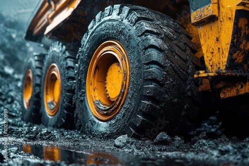 Closeup of muddy tires on a large yellow construction vehicle in a quarry.