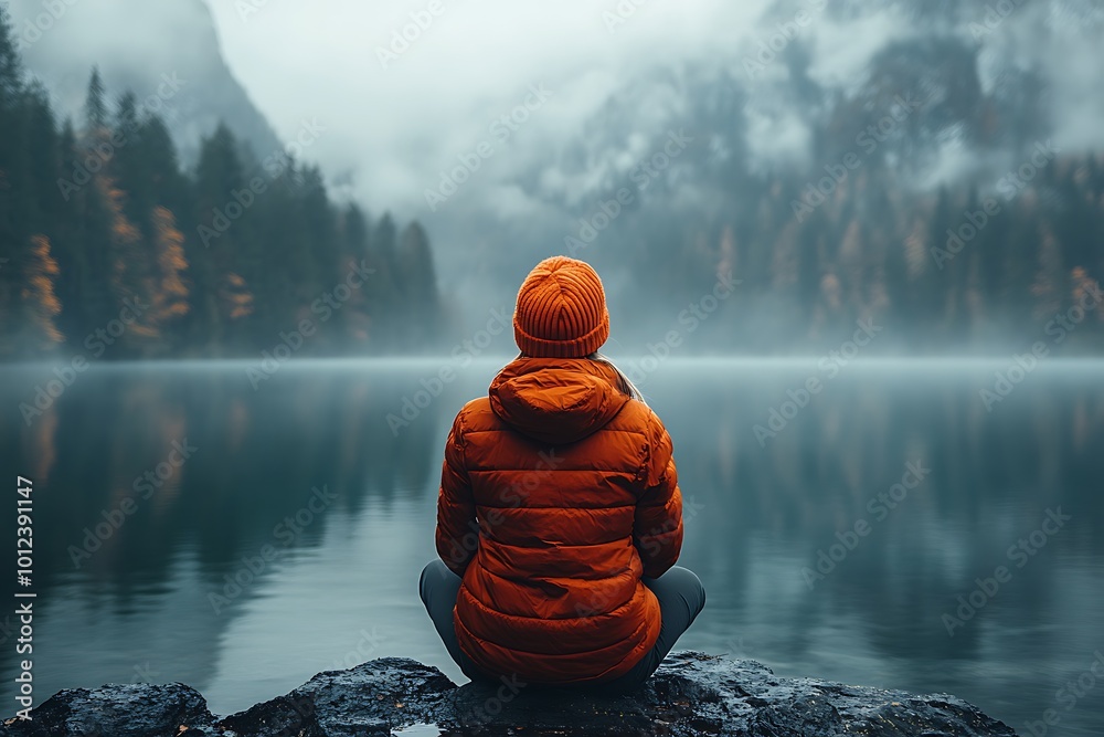 Person meditating on a rock by a lake with mountains and fog in the background Person meditating on a rock by a lake with mountains and fog in the background