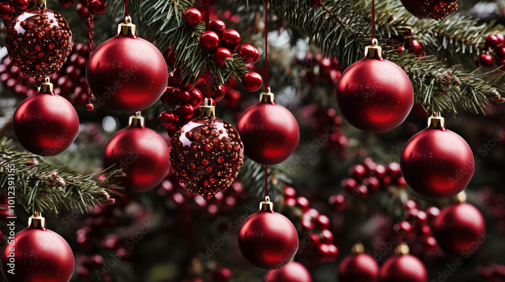 Christmas tree decorations in the form of red balls hang on the tree close-up. Classic Christmas tree Christmas tree decorations in the form of red balls hang on the tree close-up. Classic Christmas tree
