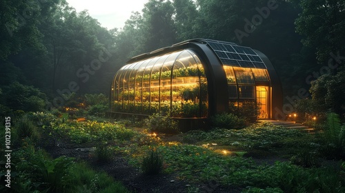 A modern greenhouse with solar panels and glowing lights nestled in a lush forest setting at dusk.