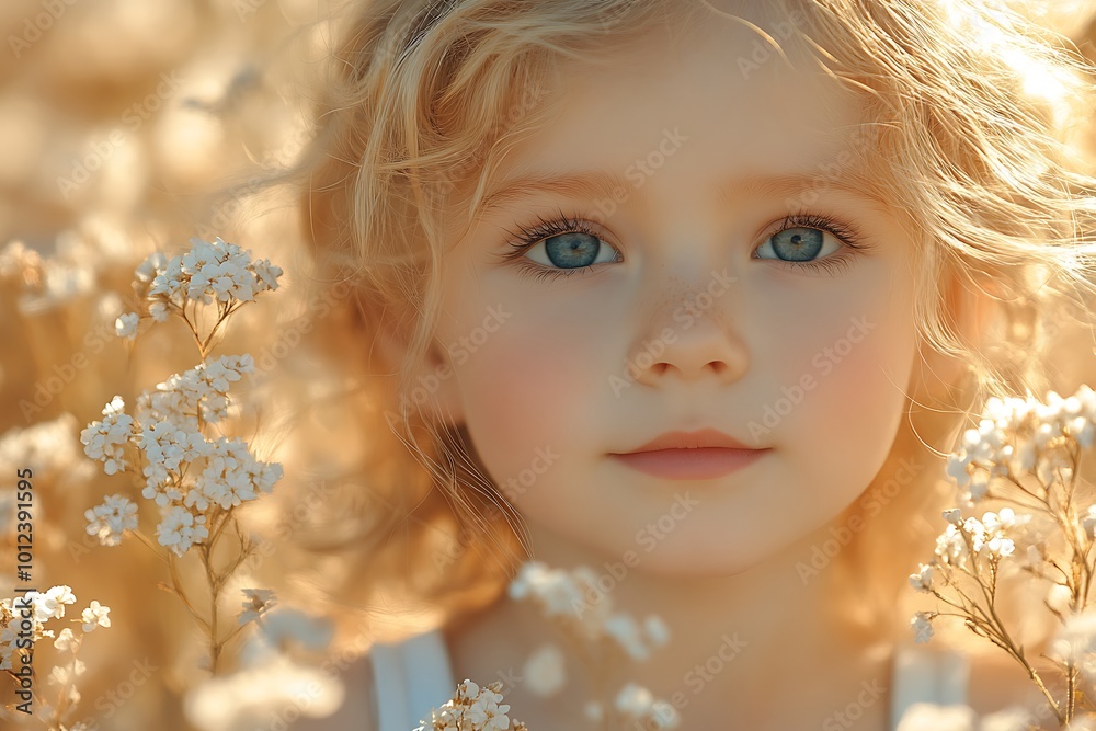 Portrait of a little girl with blonde hair and blue eyes in a field of flowers