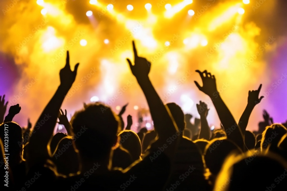 Audience at a concert with raised hands and vibrant lighting. Audience at a concert with raised hands and vibrant lighting.