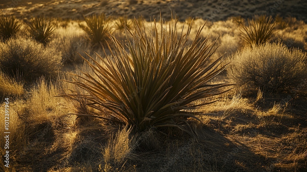 Fototapeta premium Golden Hour in the Desert: A Yucca Plant in the Sunlight