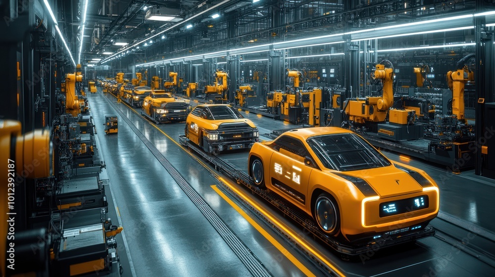 Automated car assembly line with yellow robots and cars. Automated car assembly line with yellow robots and cars.