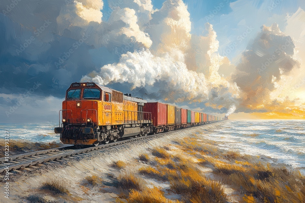 A freight train with colorful containers moves along a track that runs parallel to a vast ocean. The train churns out plumes of steam against a sky filled with dramatic clouds at sunset. A freight train with colorful containers moves along a track that runs parallel to a vast ocean. The train churns out plumes of steam against a sky filled with dramatic clouds at sunset.