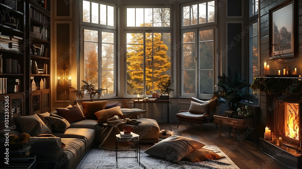 A cozy living room with a large bay window, plush seating, and a fireplace casting a warm glow across the room