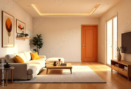 a living room with wood floors and a couch in the center of the room is an open door that leads to a patio