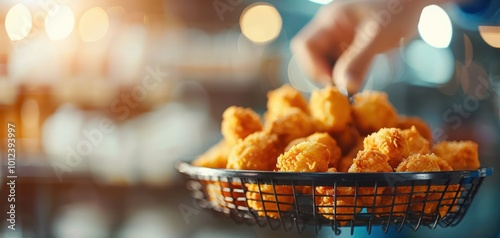 Crispy fried chicken pieces served in a basket, perfect for a delicious meal or snack, showcasing mouth-watering golden texture. photo