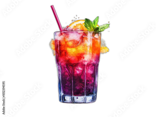 Vibrant Watercolor Cocktail Illustration with Straw in High Contrast Lighting on White Background