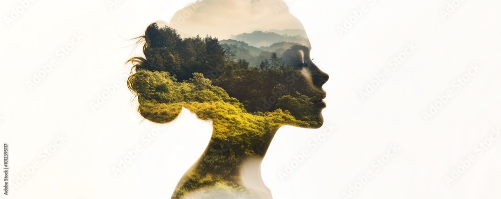 Silhouette of a woman with a mountain landscape overlay Silhouette of a woman with a mountain landscape overlay