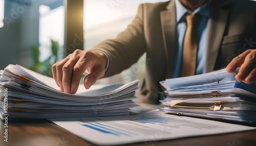 Auditor reviewing company records with focused attention in a modern office setting during daytime hours. Generative AI