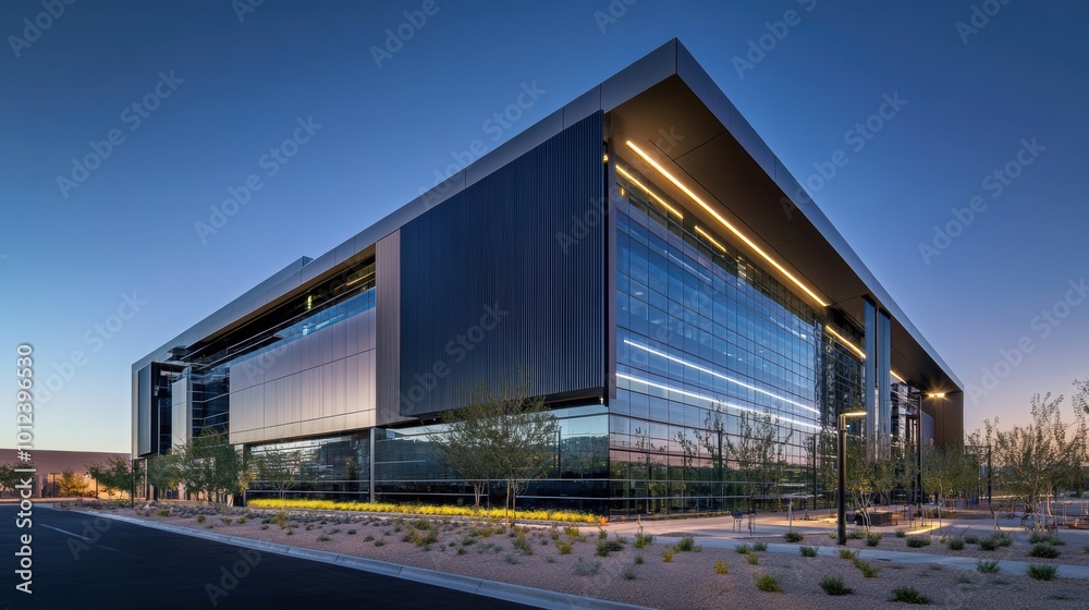 Obraz premium Sleek, modern office building with large glass windows, illuminated by warm lighting at dusk, set in a landscaped business park.