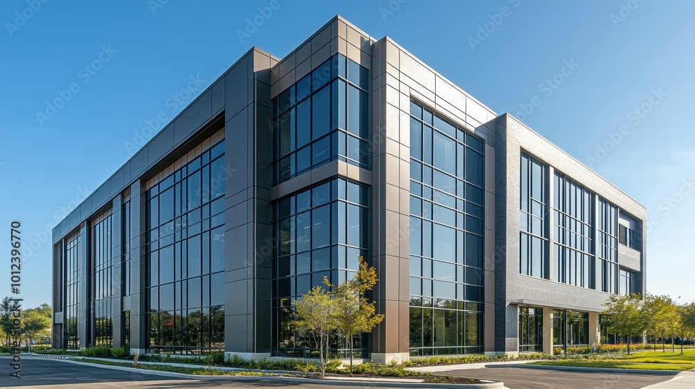 Contemporary office building featuring large glass windows and sleek architecture, surrounded by trees and a spacious parking lot in a business park.
Contemporary office building featuring large glass windows and sleek architecture, surrounded by trees and a spacious parking lot in a business park.