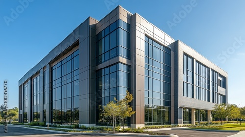 Contemporary office building featuring large glass windows and sleek architecture, surrounded by trees and a spacious parking lot in a business park. 