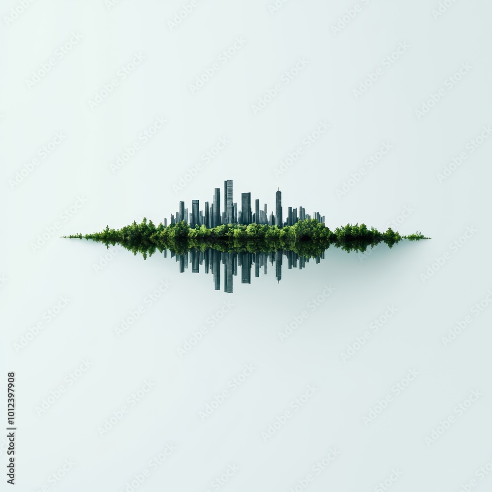 Naklejka premium A harmonious blend of nature and urban structures, showcasing a skyline reflecting on a serene water surface. Perfect for eco-city concepts.