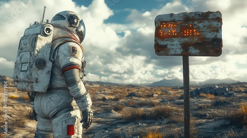 an astronaut standing in a stark desert landscape gazes thoughtfully at a weathered wooden signpost symbolizing exploration and the unknown in a vast barren environment