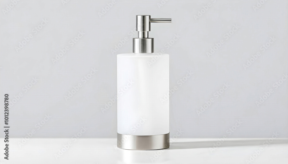 A minimalist soap dispenser in frosted glass and brushed metal, designed to add a touch of elegance to modern bathrooms and kitchens, enhancing the aesthetic appeal. A minimalist soap dispenser in frosted glass and brushed metal, designed to add a touch of elegance to modern bathrooms and kitchens, enhancing the aesthetic appeal.