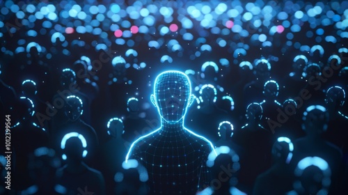 A glowing digital human figure stands out against a sea of anonymous faces, representing individuality in a connected world.