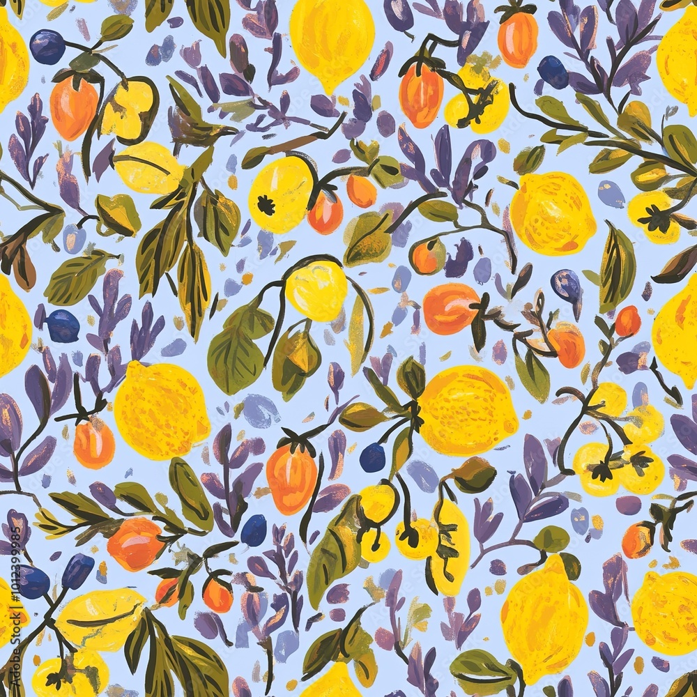 Vibrant hand-painted floral and fruit lemon seamless pattern with colorful blooms flowers and fruits, bright floral background. Botanical wallpaper. Vibrant hand-painted floral and fruit lemon seamless pattern with colorful blooms flowers and fruits, bright floral background. Botanical wallpaper.